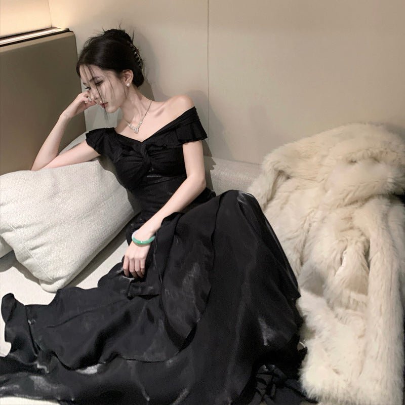French-style Black Off-shoulder Luxury Dress