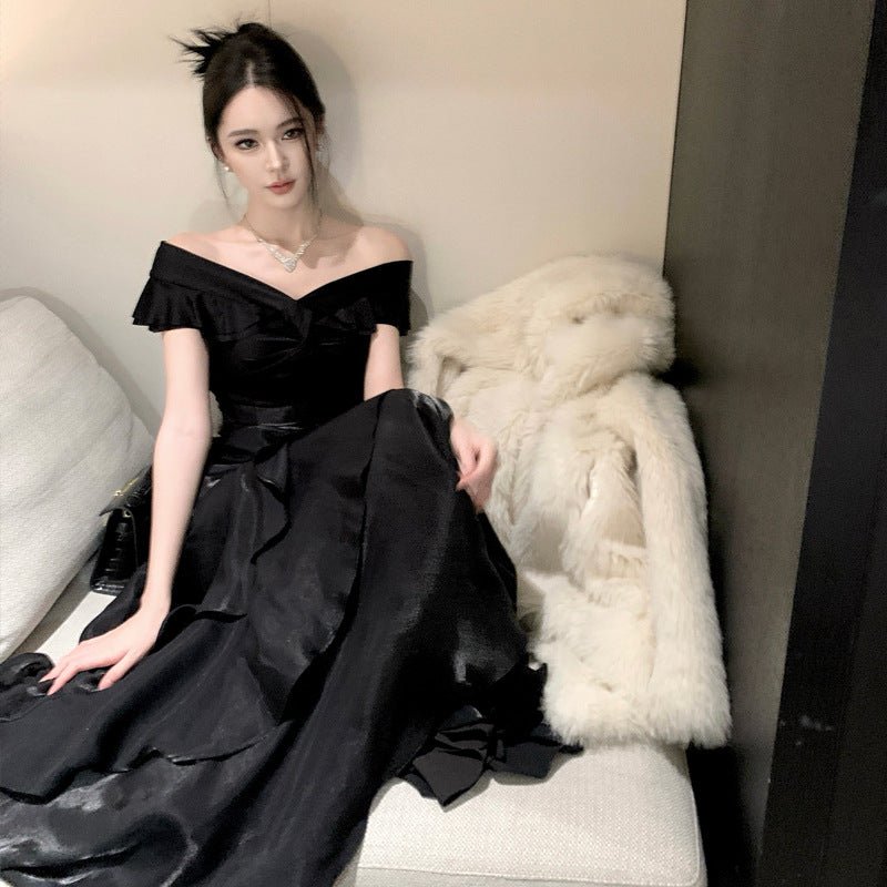 French-style Black Off-shoulder Luxury Dress