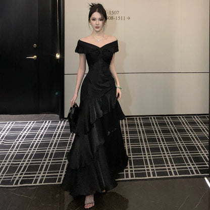 French-style Black Off-shoulder Luxury Dress