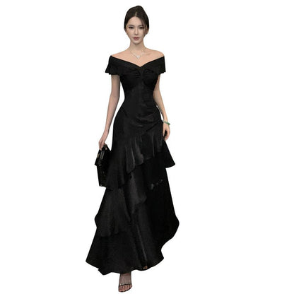 French-style Black Off-shoulder Luxury Dress